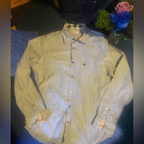 BURBERRY BRIT MEN’s LIGHT GREY-BLUE VINTAGE AUTHENTIC FULL-SLEEVE Shirt RARE LUX - Picture 4 of 16